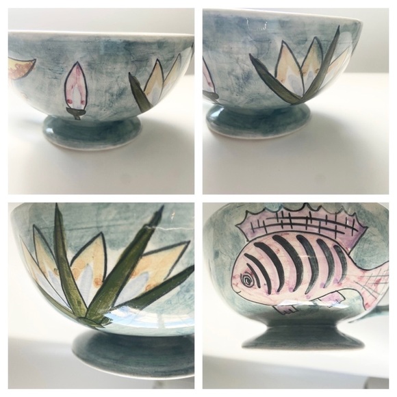 Artisan Ceramic Bowl Whimsical Fish Bird Lilly Pad Sea Ocean Decorative Art - Picture 6 of 11